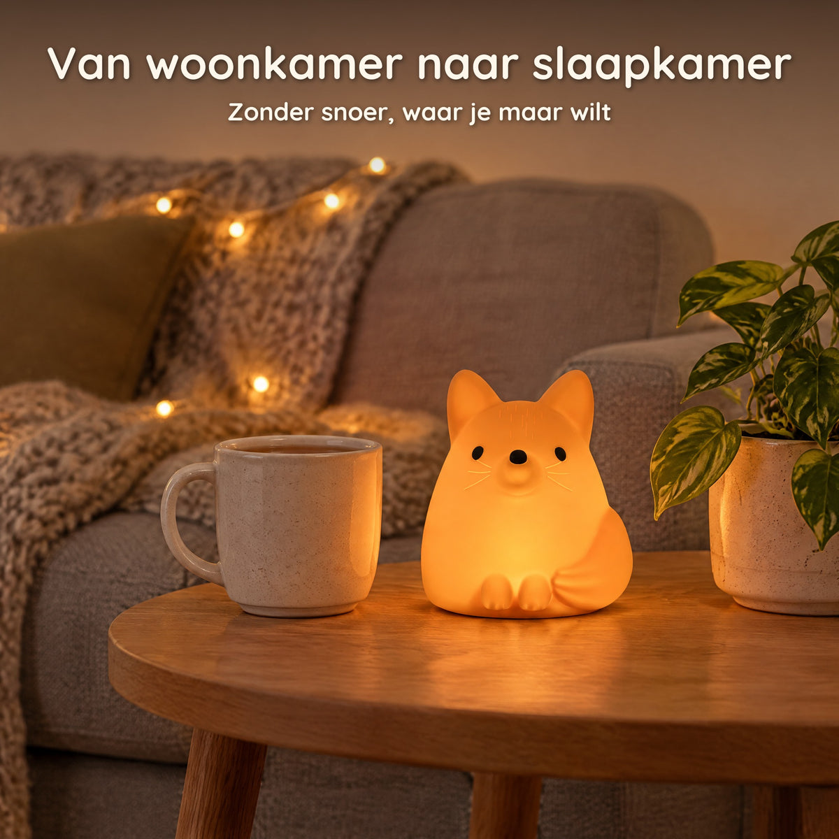 Oranje vossen-nachtlampje aan op een salontafel naast een mok, zonder snoer