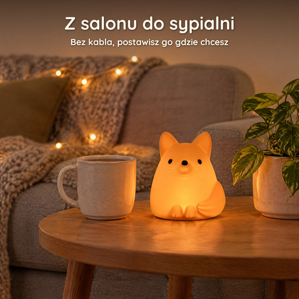 Pomarańczowa lampka nocna lis włączona na stoliku w salonie obok kubka, bez kabla