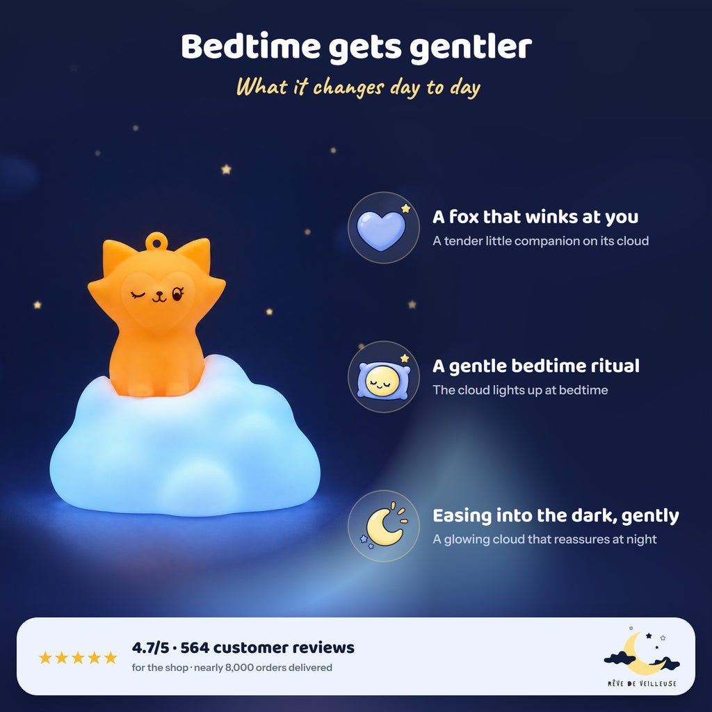 Fox on cloud night light: a fox that winks, a gentle bedtime ritual, easing into the dark gently