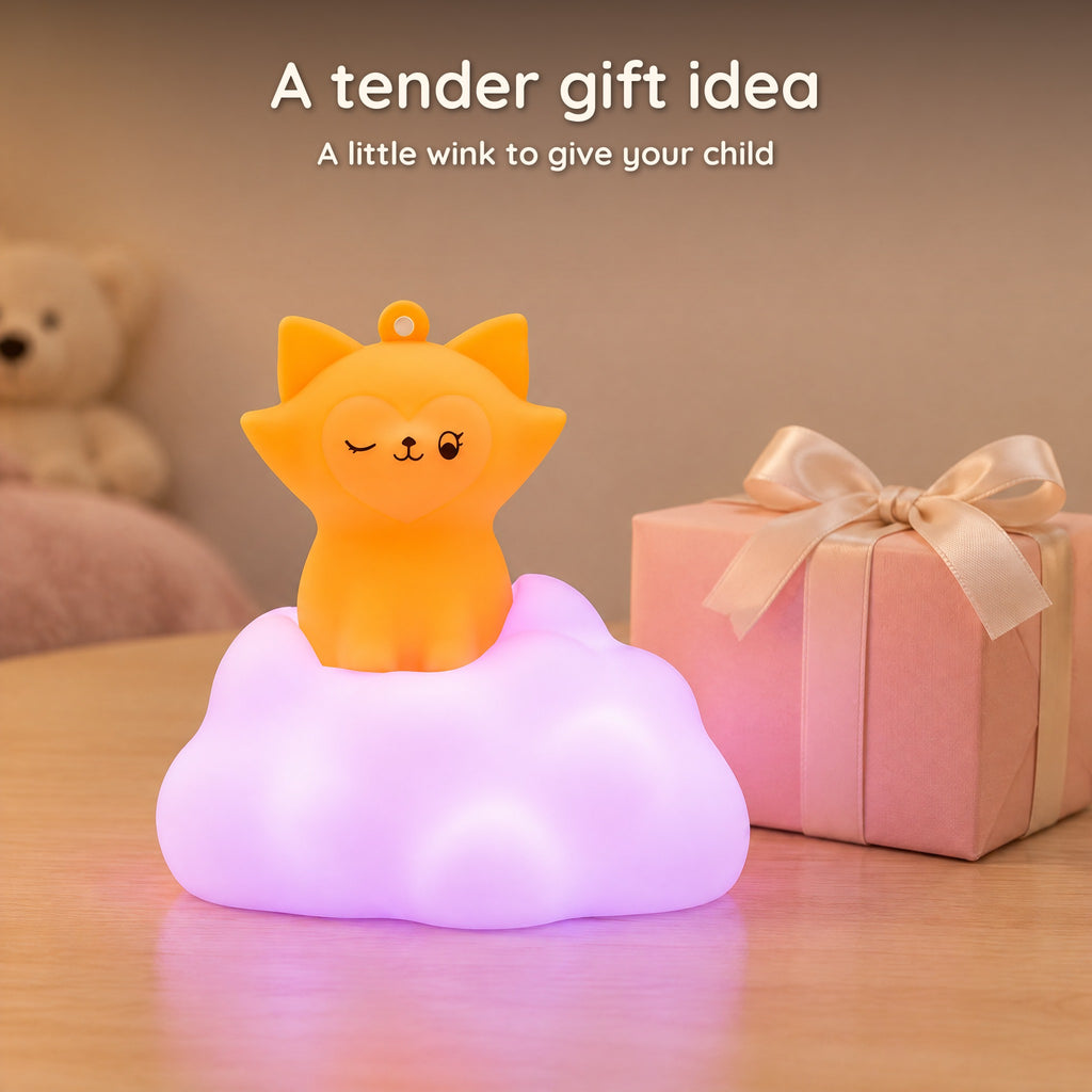 Fox on cloud night light glowing next to a gift box, a tender gift idea for a child