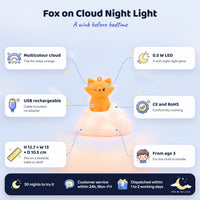 Fox on cloud night light features: multicolour cloud, USB rechargeable, 0.5 W LED, CE and RoHS, from age 3