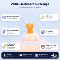 Caractéristiques de la veilleuse renard sur nuage : nuage multicolore, rechargeable USB, LED 0,5 W, CE et RoHS, dès 3 ans