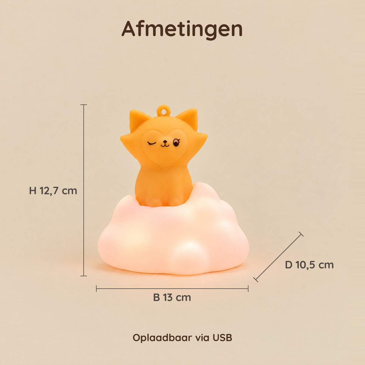 Afmetingen van het nachtlampje vos op wolk: H 12,7 cm × B 13 cm × D 10,5 cm