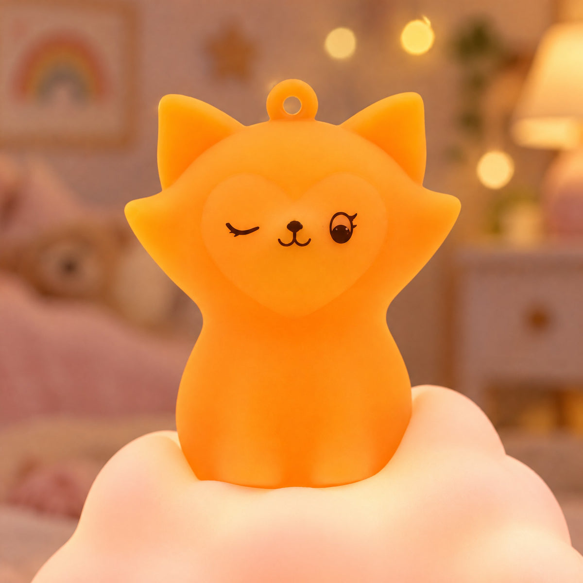 Close-up of the orange fox winking on its glowing cloud