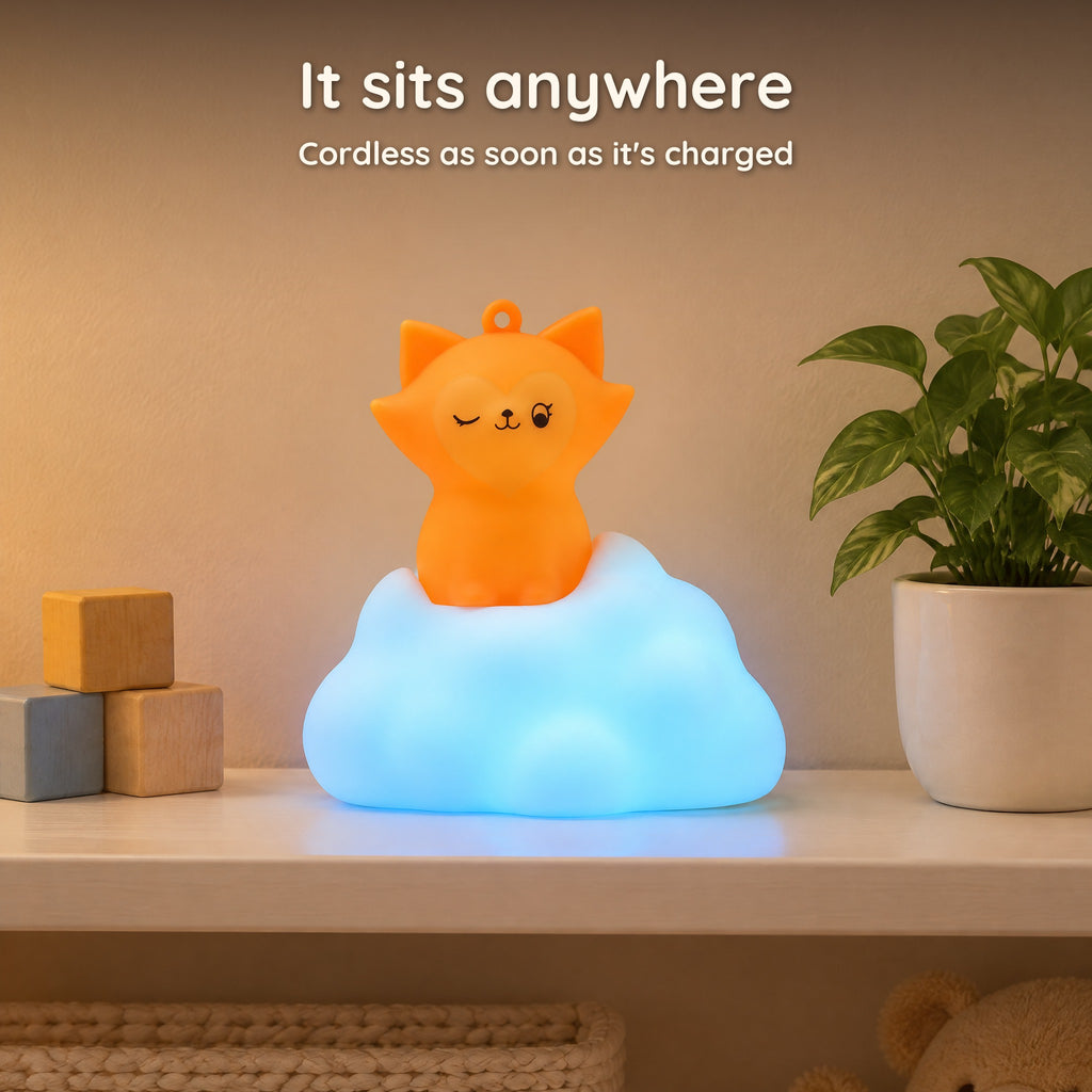 Fox on cloud night light with a blue glow on a child's bedroom shelf, cordless once charged