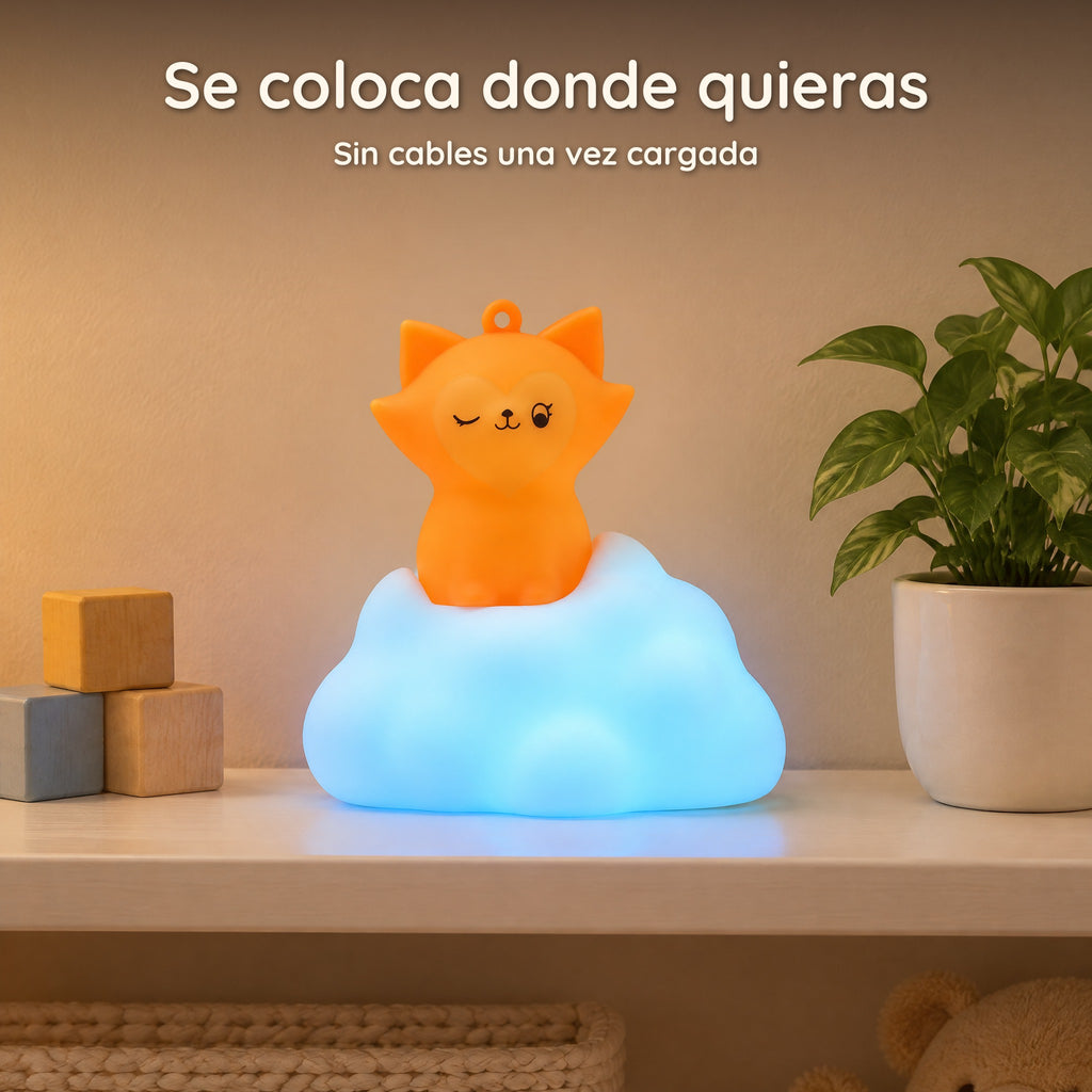 Luz quitamiedos zorro sobre nube con luz azul en una estantería de habitación infantil, sin cables una vez cargada