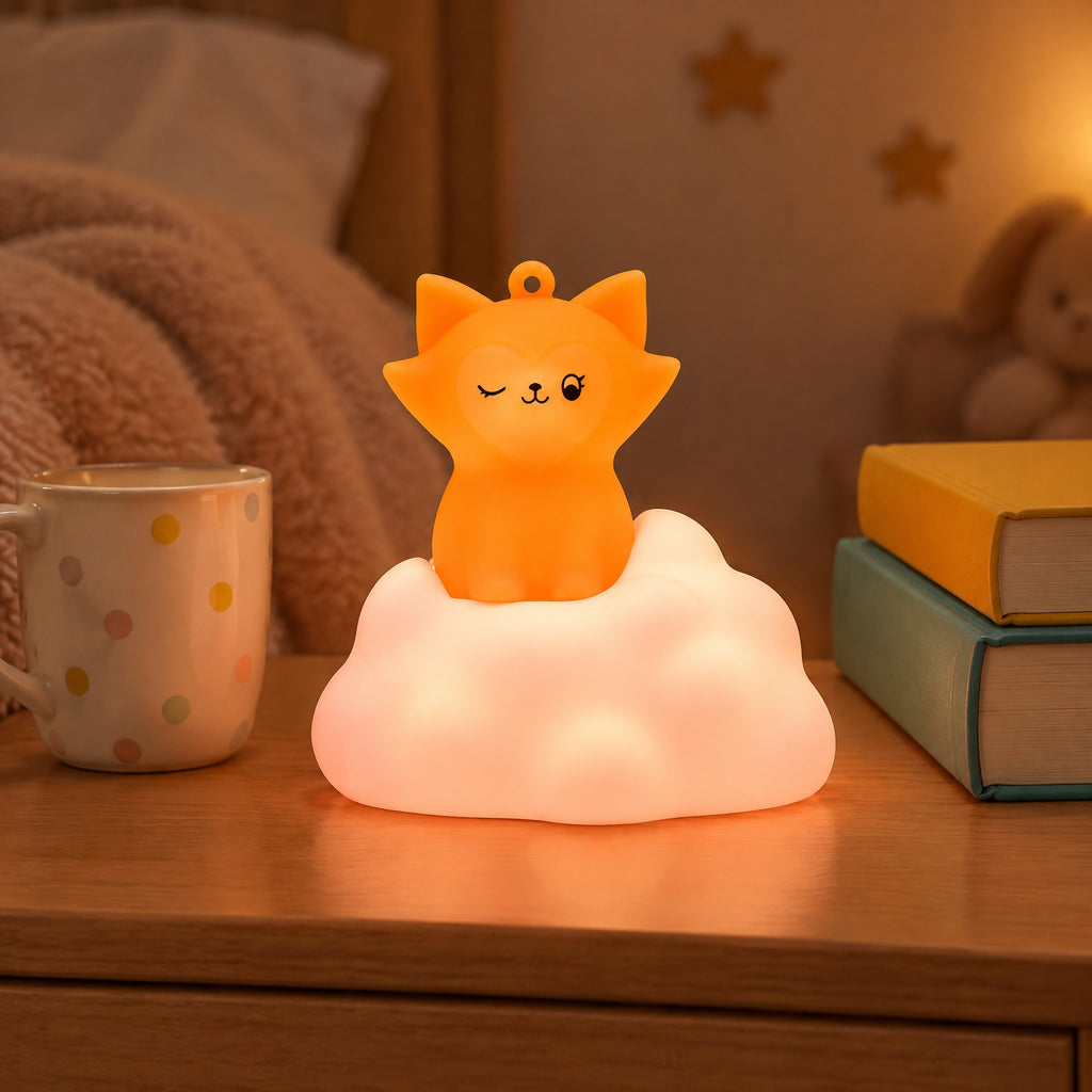 Orange fox on a glowing pink cloud night light, standing on a bedside table next to a mug and books