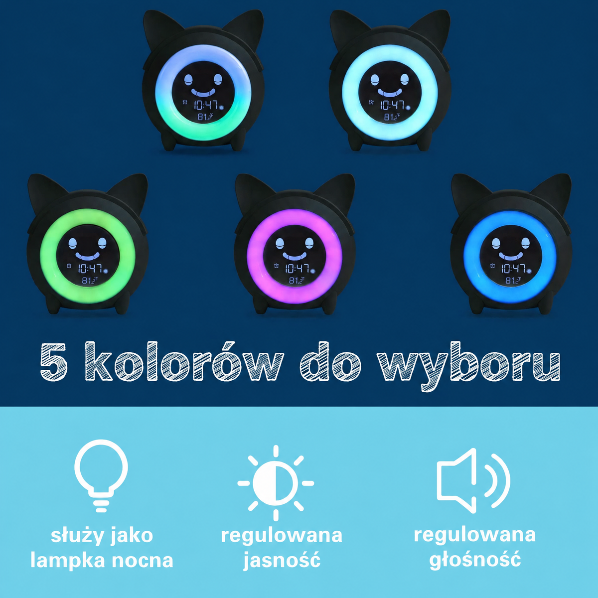 Lampka nocna z budzikiem edukacyjnym kot